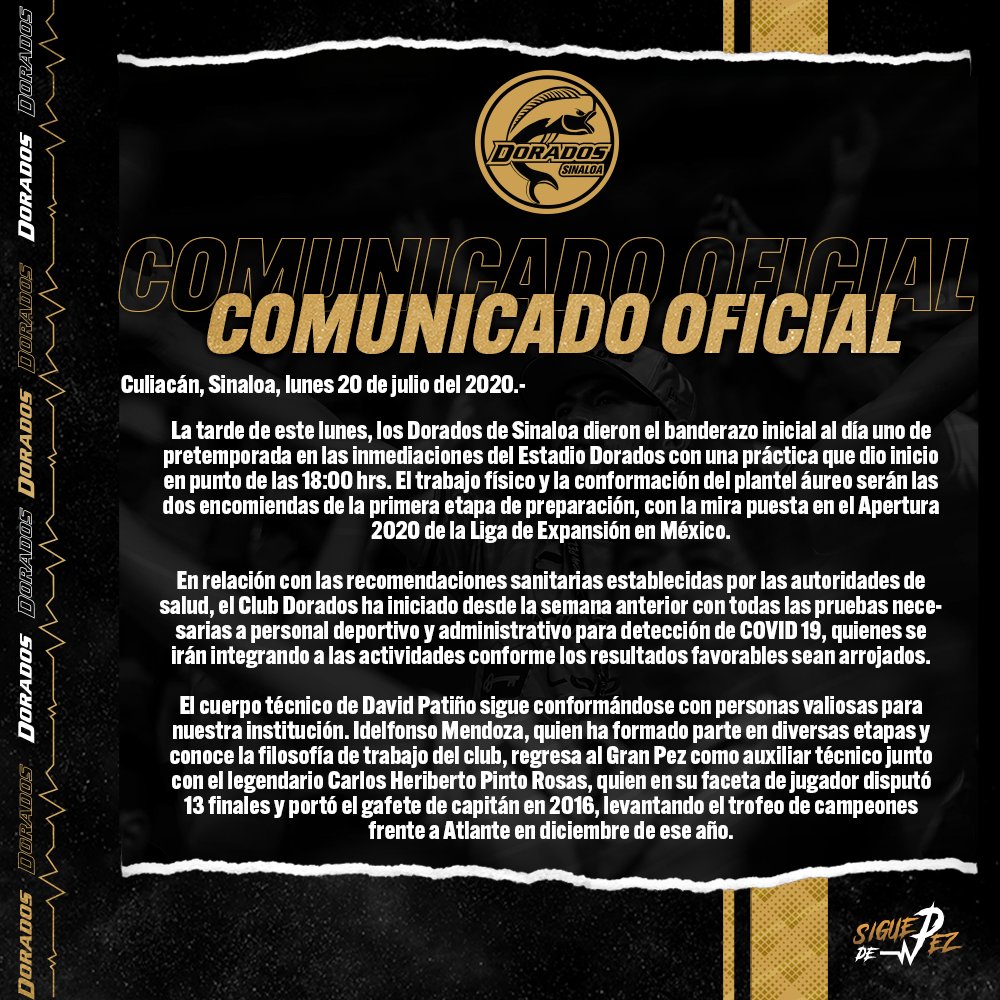 Dorados's tweet photo. 🗞️ Comunicado Oficial de nuestra Pretemporada rumbo al #Apertura2020 de la #LigaDeExpansión. 

🟡⚫ #SigueDePez 📈 https://t.co/bLJos9HqeM