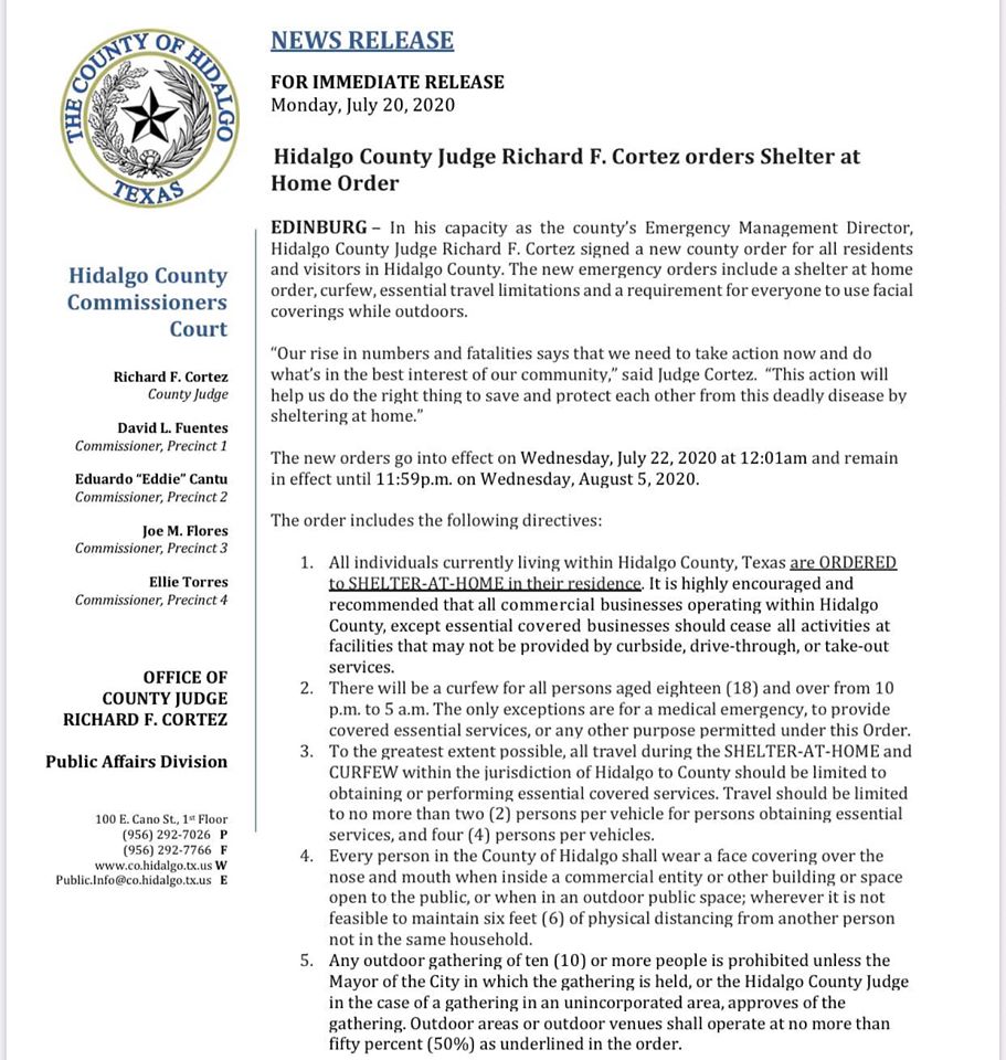 krgv's tweet photo. Hidalgo County Judge issues shelter-at-home order for county residents and visitors.
https://t.co/wpEJLG4dOQ #krgv #rgv https://t.co/axoe3fh19W