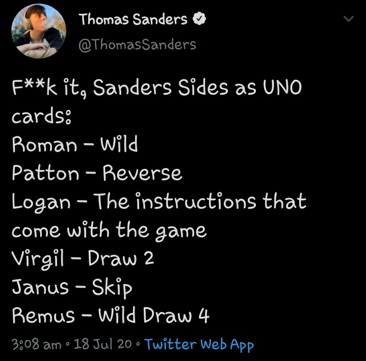 anxiousssaddict's tweet image. u n o  s i d e s .

this is based off of the tweet @ThomasSanders tweeted a couple days ago eheh