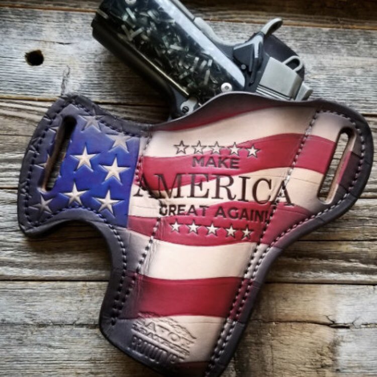 rjaredp's tweet photo. Ordering a new #MAGA holster from @SavoyLeather for my pistol.  Which should I choose? Red, white and blue or Brown flag tones? https://t.co/T6vq22sRBm