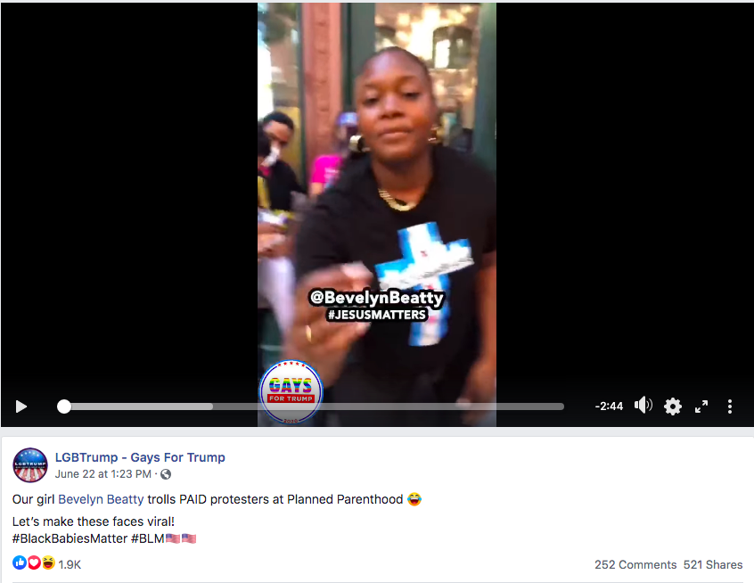 29. Well, I continued digging and there’s a whole lot more context that the New York media hasn’t dug up yet. Unexpected twist: Bevelyn Beatty & Edmee Chavannes are with Gays for Trump. L: 6/22/20 https://www.facebook.com/LGBTrump2020/videos/our-girl-bevelyn-beatty-trolls-paid-protesters-at-planned-parenthood-lets-make-t/652569298669040/R: 7/16/20 https://www.facebook.com/LGBTrump2020/videos/our-girls-bevelyn-beatty-and-edmee-were-stopped-harassed-by-jetblue-employees-fo/308069297001005/