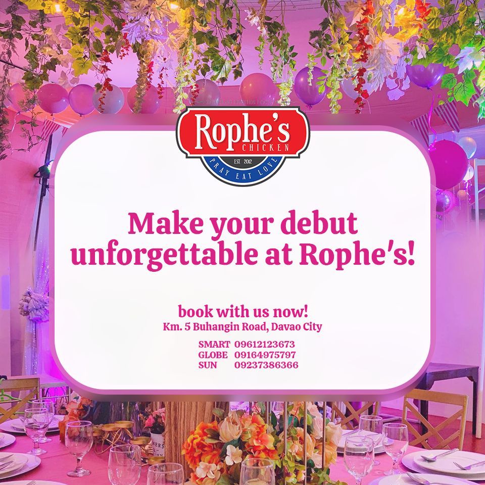 ropheschicken's tweet photo. Being young and on the verge of adulthood is such an exciting time in any person’s lifetime.  

Give your loved ones an unforgettable debut party at Rophe's! 

#RophesChicken #DebutParty #CateringService #Affordable #Delicious #Food #DavaoCity https://t.co/2IdKZg4gWU