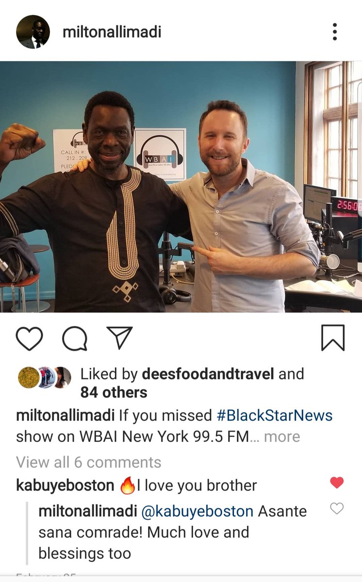 allimadi's tweet photo. Life is Cruel!! Just lost great brother, Comrade #MichaelBrooks @tmbsfm 
@_michaelbrooks
Here we are on set of my @WBAI show in Feb. He just had me on his show--as he's done many times. We were discussing book collaboration last week. My sadness profound. Love u comrade. RIP https://t.co/bsUMwbzBuS