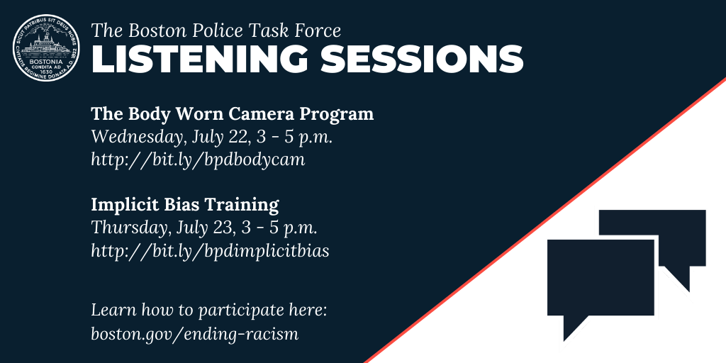 Please participate in the community feedback sessions this week to provide input on police reform in two vital areas.