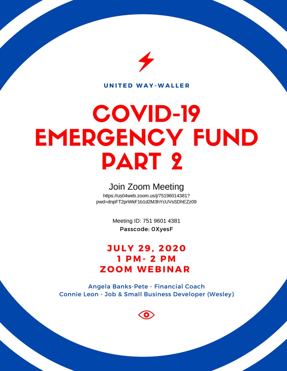 Save the date, Wednesday July 29, for our next COVID-19 Emergency Fund Zoom Webinar at 1 pm in partnership with <a href="/HouUnitedWay/">UnitedWayHouston</a> Waller County Center.  #WesleyEmpowers #finances #smallbusinesssupport