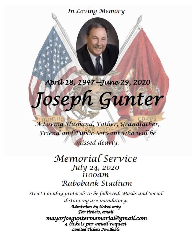 SupervisorAlejo's tweet photo. Community memorial service for late Salinas Mayor #JoeGunter this Friday, July 24 at 11:00am at Rabobank Stadium in Salinas! Please wear masks &amp; practice social distancing! #RIPJoeGunter🇺🇸🙏 https://t.co/l9p3gYXazR