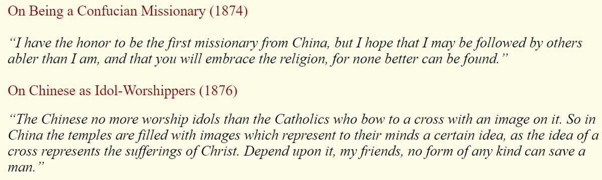 OH and i should mention that even though he was raised by missionaries, he ended up denouncing Christianity (and they denounced him right back) and proclaimed himself the "first Confucian missionary to America" (9/?)
