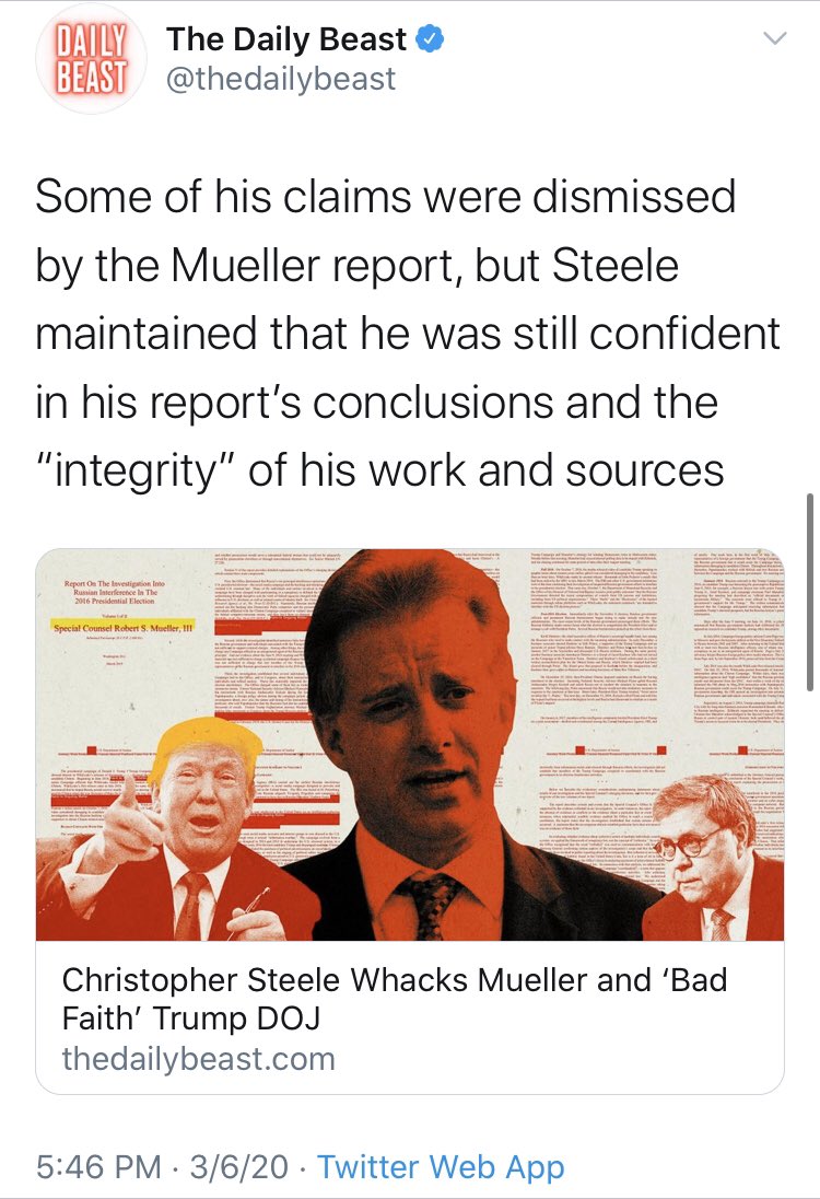 Couple bonuses to throw in. First,  @thedailybeast, who even did an exclusive with Mr. Steele. Now it isn’t just “Trump’s defenders” pointing out that the dossier is concocted.