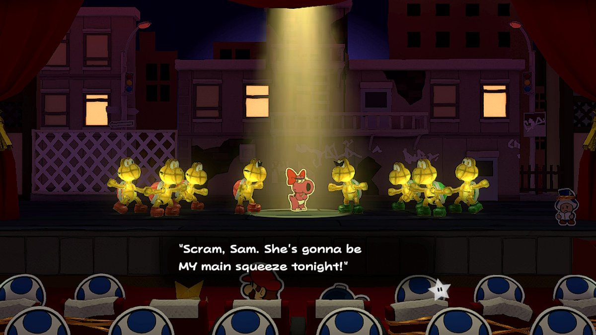 ACHaikuClub's tweet photo. #PaperMario does West Side Story? This is too much. lmao. My girl Birdo is killin' it on the stage. #Tony4Birdo #OrigamiKing https://t.co/k8YudybLdK