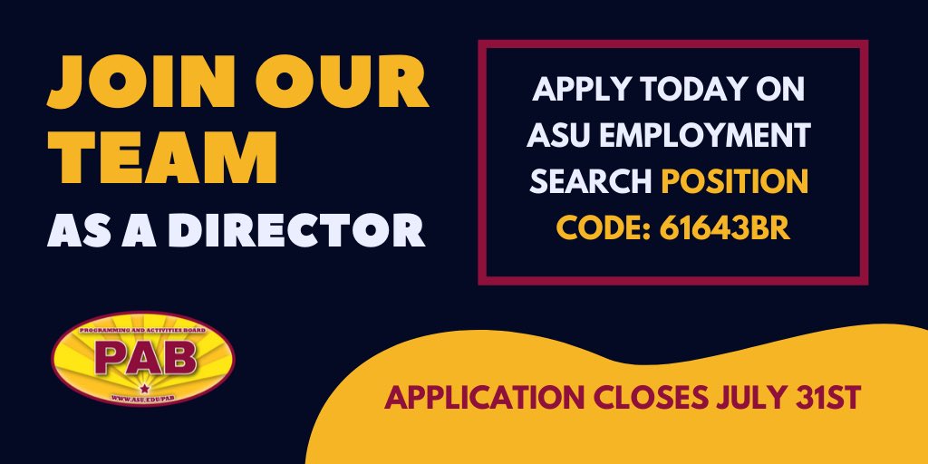 asupabwest's tweet photo. Looking for ways to get more involved with ASU student life? Apply to be a PAB West Director. Visit https://t.co/rL7aLJp1CX and search “61643BR” to apply. https://t.co/6ozkNJndGI