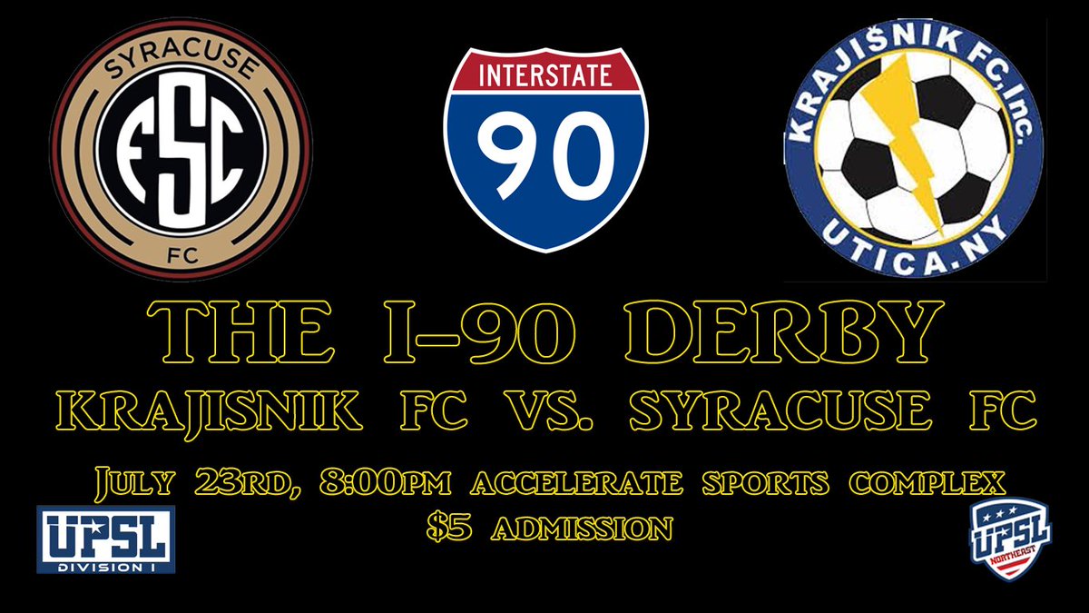 The second installment of the #i90Derby will take place this Thursday when we host @UPSL_Northeast rival <a href="/Syracuse_FC/">Syracuse FC</a> at 8:00pm at the Accelerate Sports Complex. Admission is $5. #BleedBlue