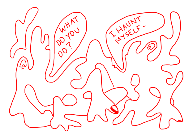 photo description: line drawing, pink, green, both light, bodies forming into and out of each other