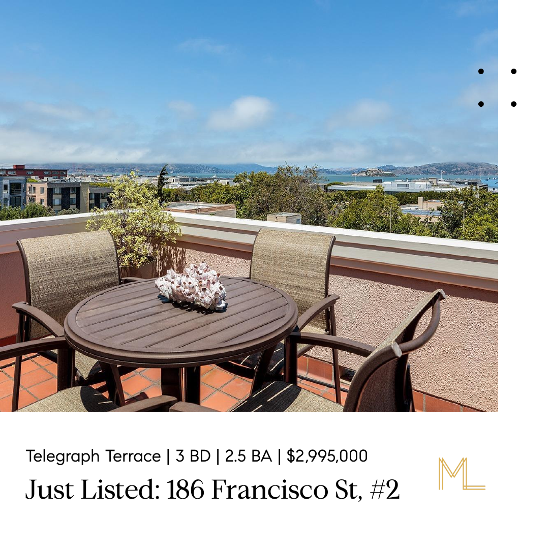 MontgomeryLeeSF's tweet photo. For Sale: 186 Francisco St. #2 | Telegraph Terrace 
3 BD | 2.5 BA | 2,533 SQFT | $2,995,000
DM to learn more about this listing. 
#realestate #sfrealestate #sf #sanfrancisco #dreamhome https://t.co/MJ9ucvOSHY