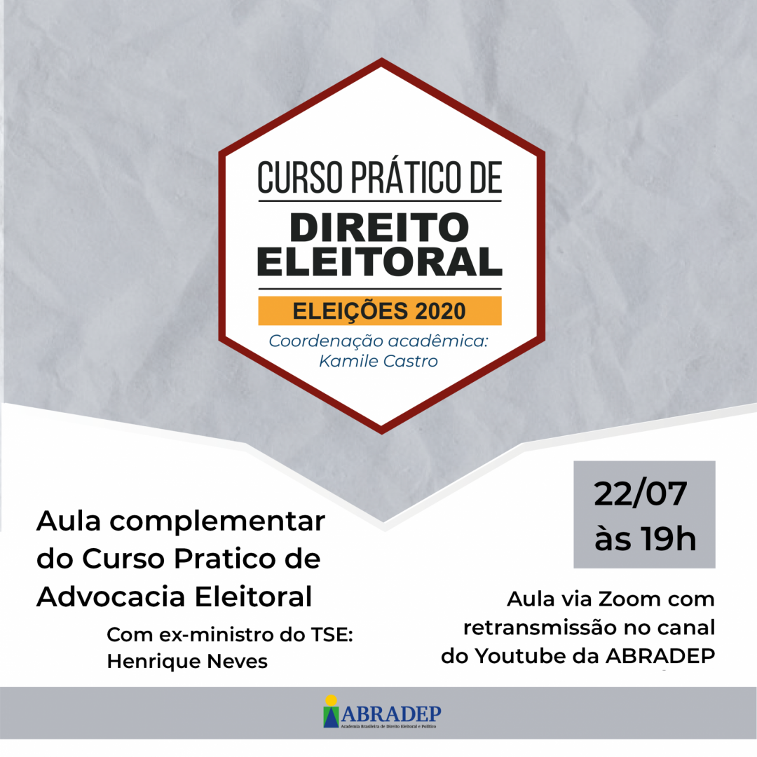 AbradepO's tweet photo. A @AbradepO realiza, nesta quarta (22) às 19h, aula complementar do Curso Prático de Advocacia Eleitoral, ministrada pelo professor e ex-ministro do @TSEjusbr, Henrique Neves. O encontro será realizado pelo aplicativo zoom, com transmissão no canal da #ABRADEP no Youtube.. https://t.co/FxHWfLxwQf