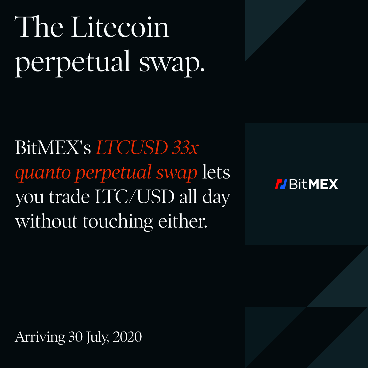 BitMEX's tweet image. We’re further diversifying trading opportunities with the launch of our fifth quanto swap - say hello to the LTCUSD quanto perpetual swap, launching on 30 July 2020.  More details on our blog: blog.bitmex.com/announcing-the…