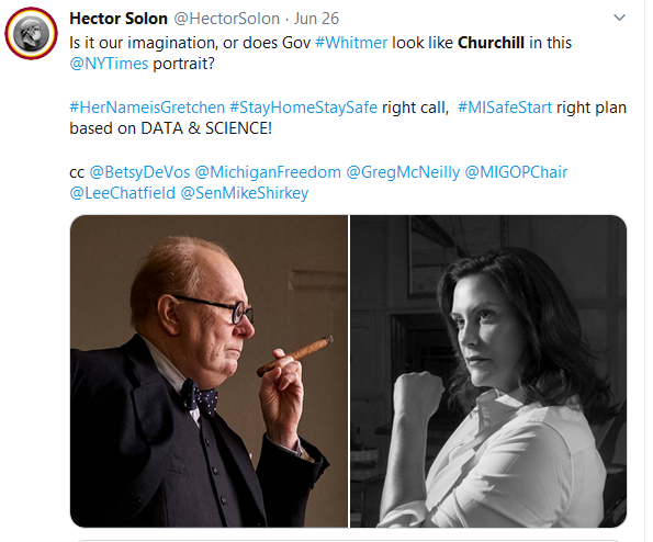 HectorSolon's tweet photo. @jonathanoosting Telling you folks, every day that goes by, Gov Whitmer gets more and more like Churchill. https://t.co/iWTuVrS1lJ

#MIGov #Whitmer vs Trump's #LittleGreenMen, sending Feds threats. #TrumpInvasion #TrumpDictatorship https://t.co/FjAv2lvNhC