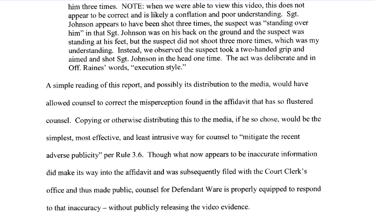 here's the prosecutor's written response, in part. i detect more than a little snark in these two slides, even amid the acknowledgement a lieutenant had to file a supplemental report to correct the inaccuracy in the affidavit.  https://www.oscn.net/dockets/GetCaseInformation.aspx?db=tulsa&number=CF-2020-2889&cmid=3363038 https://tulsaworld.com/news/local/judge-video-showing-shooting-of-2-tulsa-police-officers-wont-be-released-for-now/article_47aa75d2-a959-556e-9478-94605660c6dd.html