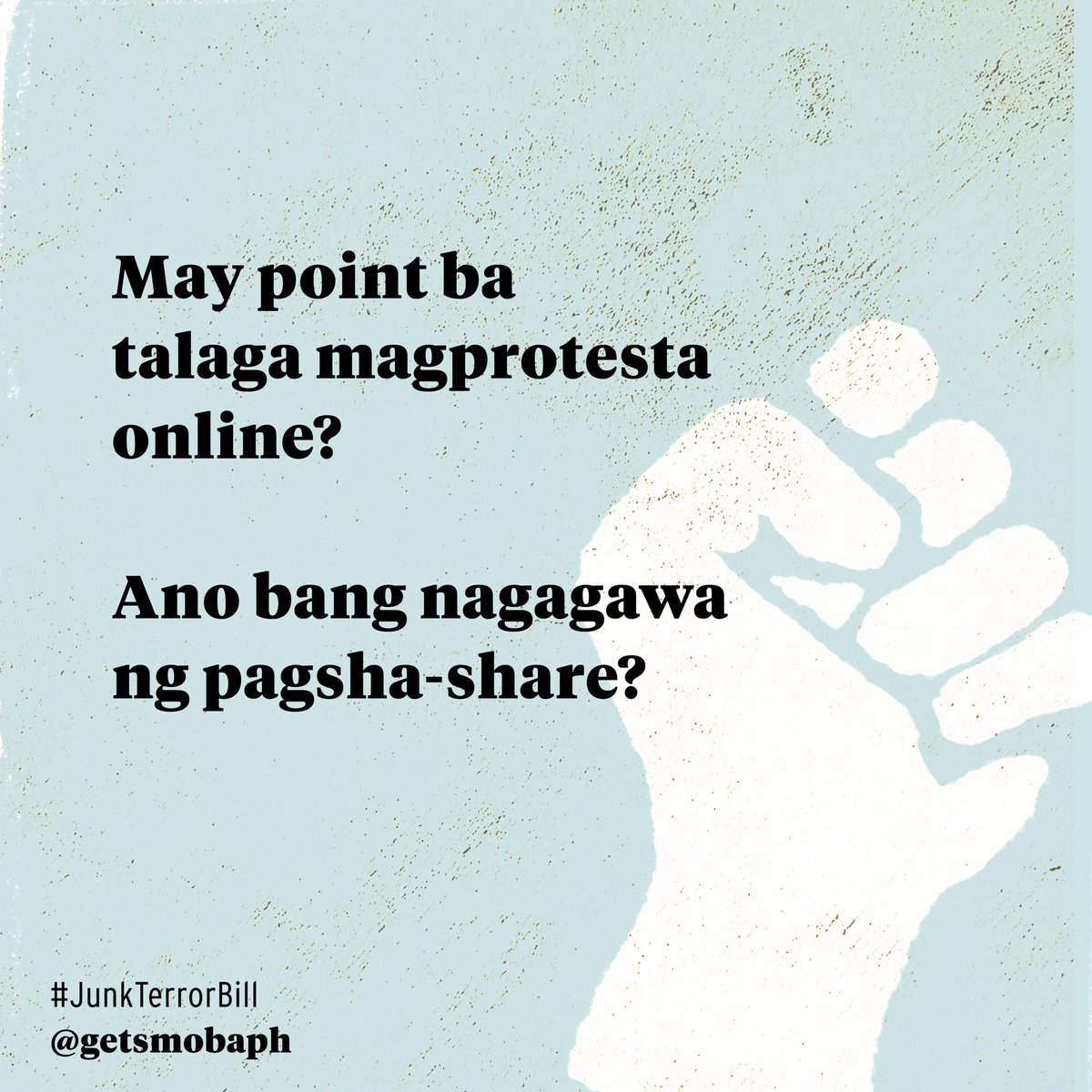 getsmobaph's tweet photo. Bakit nga ba tayo nag-iingay online? May pupuntahan ba talaga 'to?

Kasama ng pagpoprotesta offline, pakikipag-usap, pag-eemail at iba pang mga paraan ng pagpapahayag ng ating saloobin, malaki ang nagagawa ng pag-iingay online. https://t.co/4vX9GwOPy4