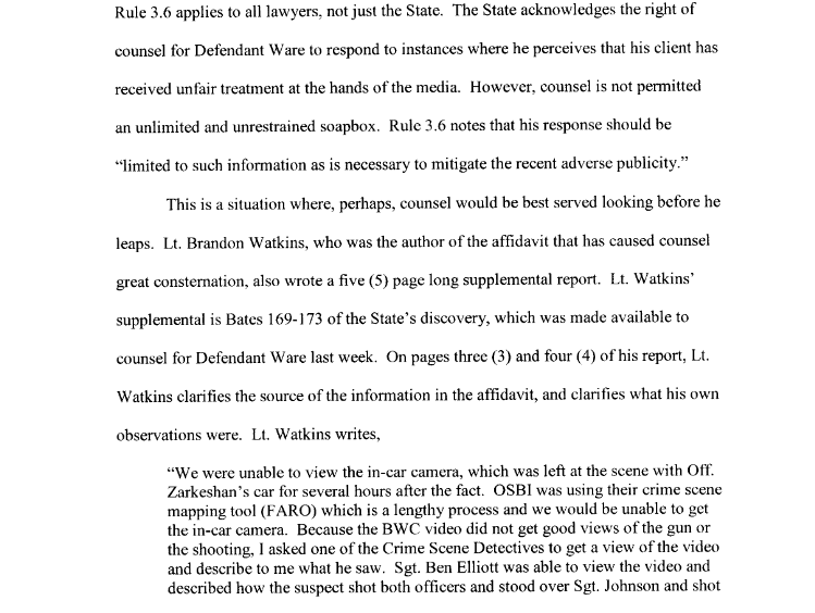 here's the prosecutor's written response, in part. i detect more than a little snark in these two slides, even amid the acknowledgement a lieutenant had to file a supplemental report to correct the inaccuracy in the affidavit.  https://www.oscn.net/dockets/GetCaseInformation.aspx?db=tulsa&number=CF-2020-2889&cmid=3363038 https://tulsaworld.com/news/local/judge-video-showing-shooting-of-2-tulsa-police-officers-wont-be-released-for-now/article_47aa75d2-a959-556e-9478-94605660c6dd.html