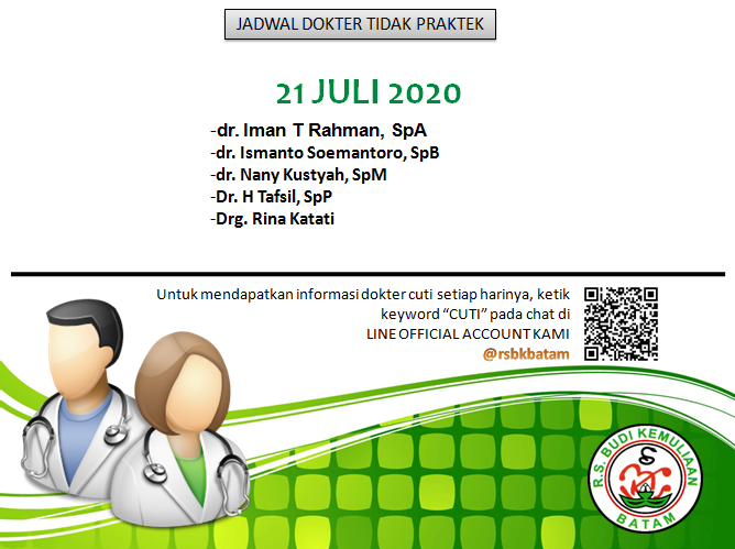 rsbkbatam's tweet photo. Jadwal Dokter Tidak Praktek 21 Juli 2020 https://t.co/j0lLj7pLAW