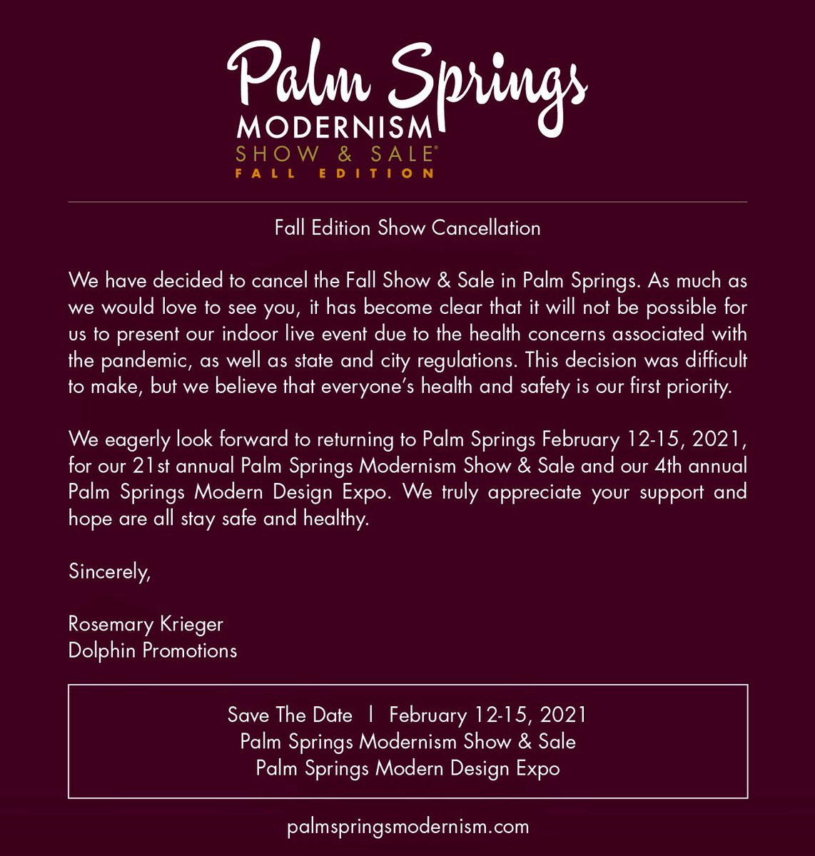 PSModDesignExpo's tweet photo. See you February 12-15, 2021!  Until then .. mask up and stay safe!  @DolphinFairs @PalmSpringsMOD @ModernismWeek https://t.co/Id5iBOm9Hb