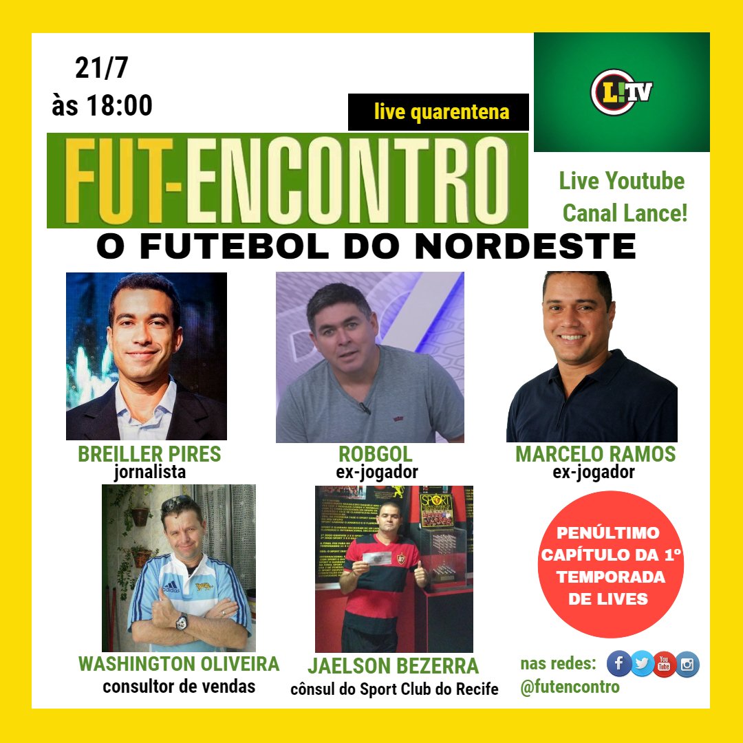 futencontro's tweet photo. Viva o futebol do Nordeste! Seleção arretada escalada para a live dessa terça, às 18h. @breiller, Robgol, Marcelo Ramos, Washington e Jaelson entram em campo no canal do @lancenet no YouTube. Esperamos vocês!

#falardefuteboléarte https://t.co/A5FJ8SUCoE