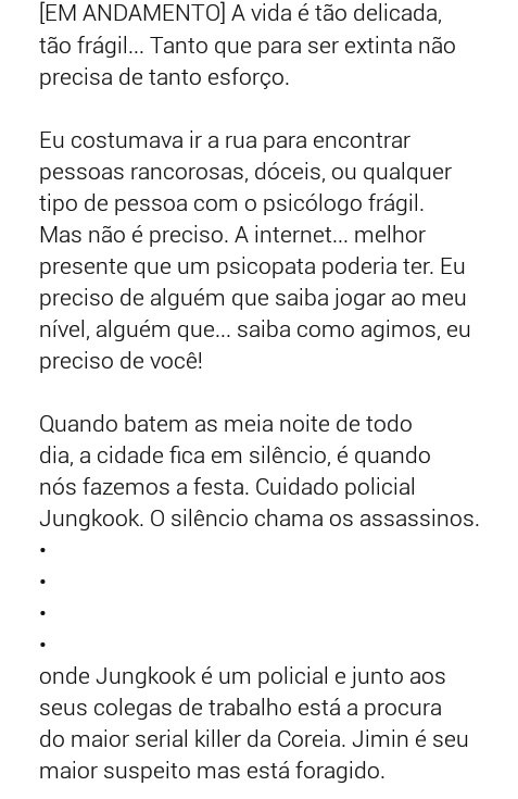evanescsent's tweet photo. ✘ Fanfic Jikook ✘
→ Título: O Silêncio Chama o Assassino
→ Escrita por: thluvsjjk (no wattpad)
→ Link: https://t.co/oZhTsvy2cH
→ Tag para interação: #OSilencioChama
#bts #jikook #kookmin #assassinato #jkbottom #jmtop #mistério #policial #serialkiller #shortfic #suspense https://t.co/gXIyXb2TaO