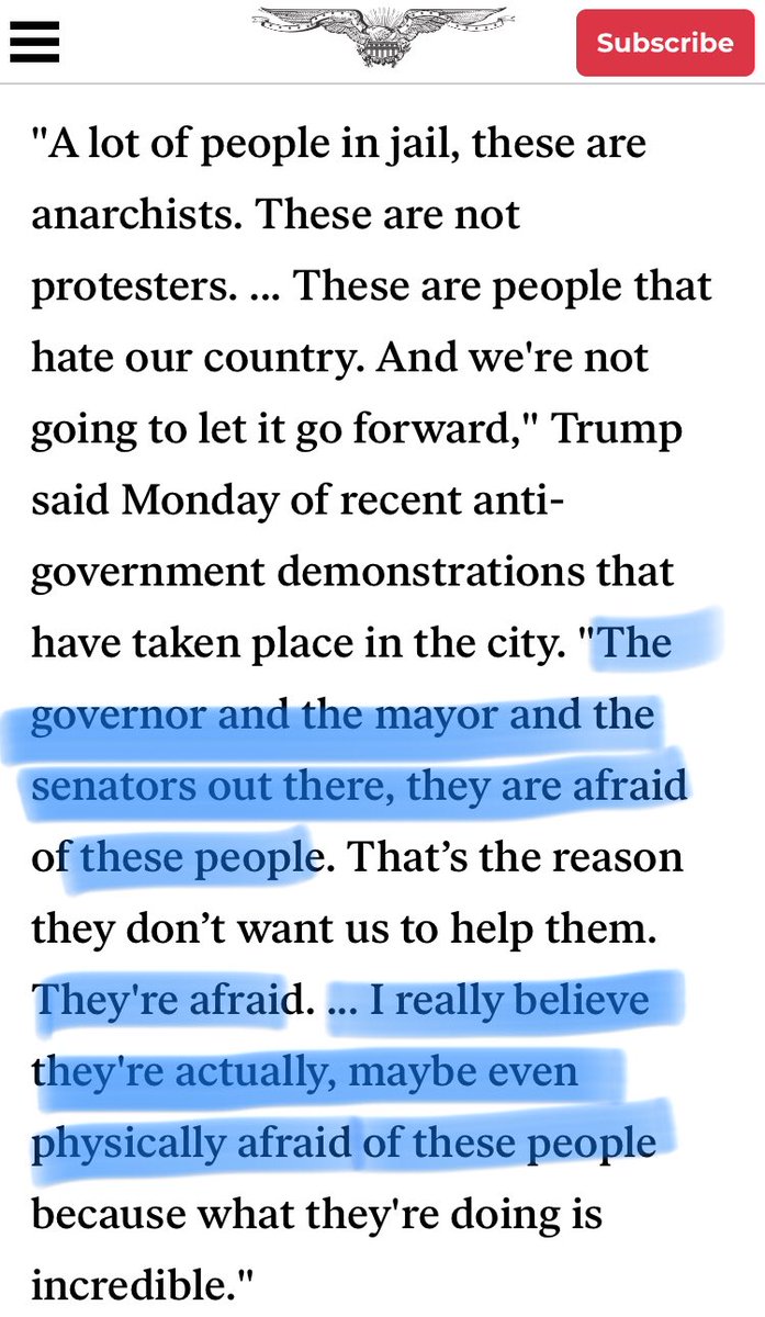 1/ I saw a video today of  @POTUS  @realDonaldTrump talking about sending in federal forces, & he threw in some GENIUS language, that flew under the radarHere are the most important lines belowNow, we know that [certain mayors & governors] are actually involvedBut...