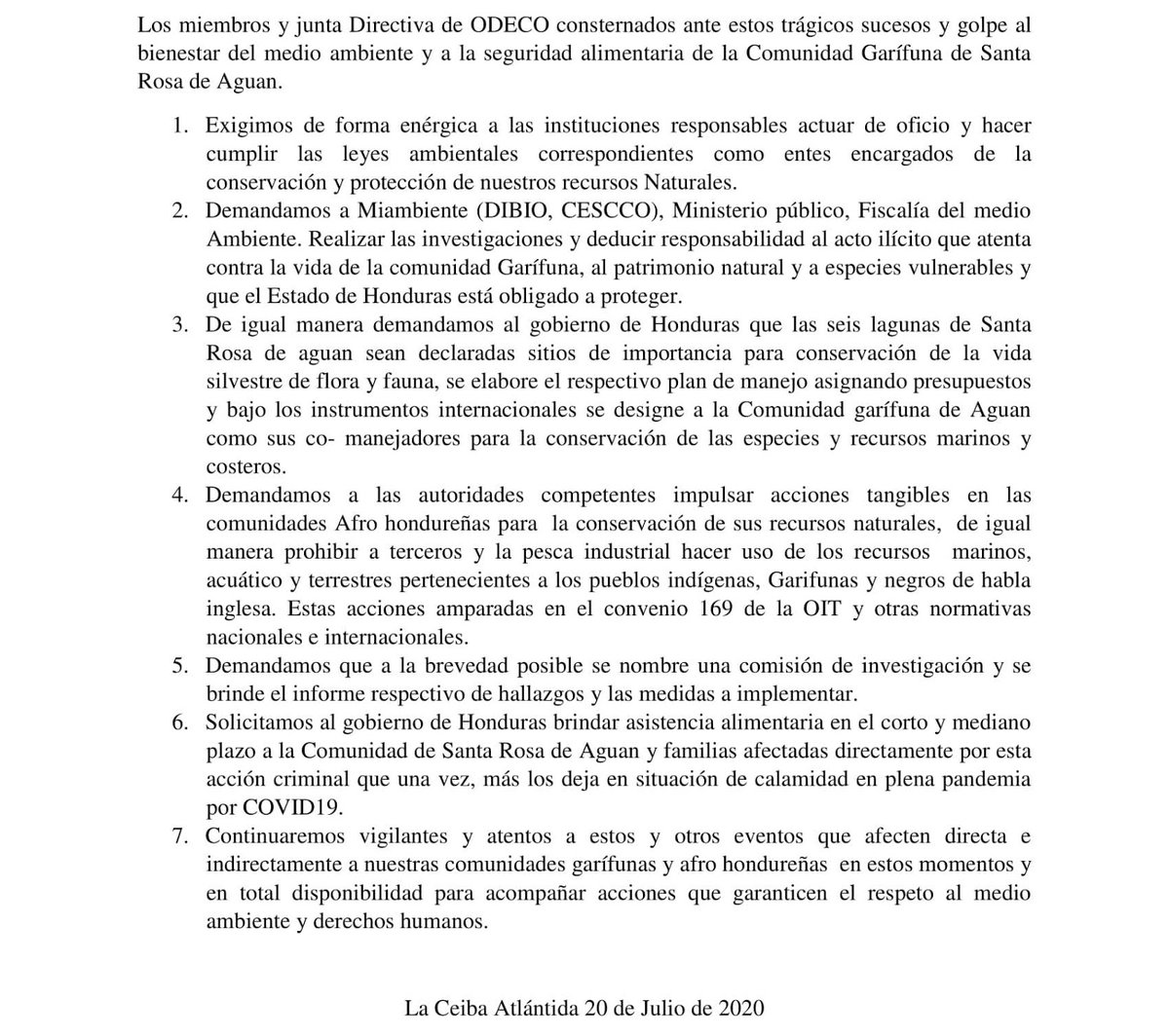 Pronunciamiento desastre ambiental comunidad Garifuna de Santa Rosa de Aguan.<a href="/ONUHumanRights/">ONU Derechos Humanos Colombia</a>  <a href="/ONU_es/">Naciones Unidas</a> <a href="/OEA_oficial/">OEA</a> <a href="/CONADEHTGU/">CONADEH TEGUCIGALPA</a> <a href="/sedhHonduras/">Secretaría de Derechos Humanos</a> @MIAMBIENTE_HN <a href="/MP_Honduras/">Ministerio Público</a> <a href="/ICFHonduras/">ICF</a>
