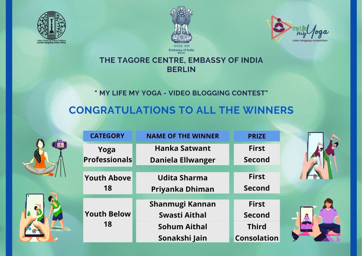 eoiberlin's tweet photo. Congratulations to winners from #Germany of @ICCR_Delhi #MyLifeMyYoga video blogging contest.
Thank you #yogaenthusiasts for participating in the contest.

#ICCR #YogaFromHome #InternationalYogaDay #YogaDay #YogaDay2020 #IDoYogaAtHome #योगदिवस #अंतर्राष्ट्रीययोगदिवस #idy2020 https://t.co/zrJyTTF6BC