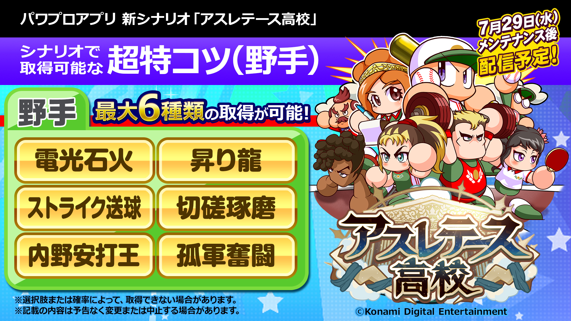 パワプロアプリ公式 7 29 水 配信予定の新シナリオ アスレテース高校 の野手育成で取得できる超特コツを発表 最大で6種類のコツが取れるよ 投手育成で取得できる超特コツは明日お知らせするので お楽しみに 特番アーカイブ視聴はこちら パワプロアプリ公式 7 29 水 配信予定の新シナリオ アスレテース高校 の野手育成で取得できる超特コツを発表 最大で6種類のコツが取れるよ 投手育成で取得できる超特コツは明日お知らせするので お楽しみに 特番アーカイブ視聴はこちら