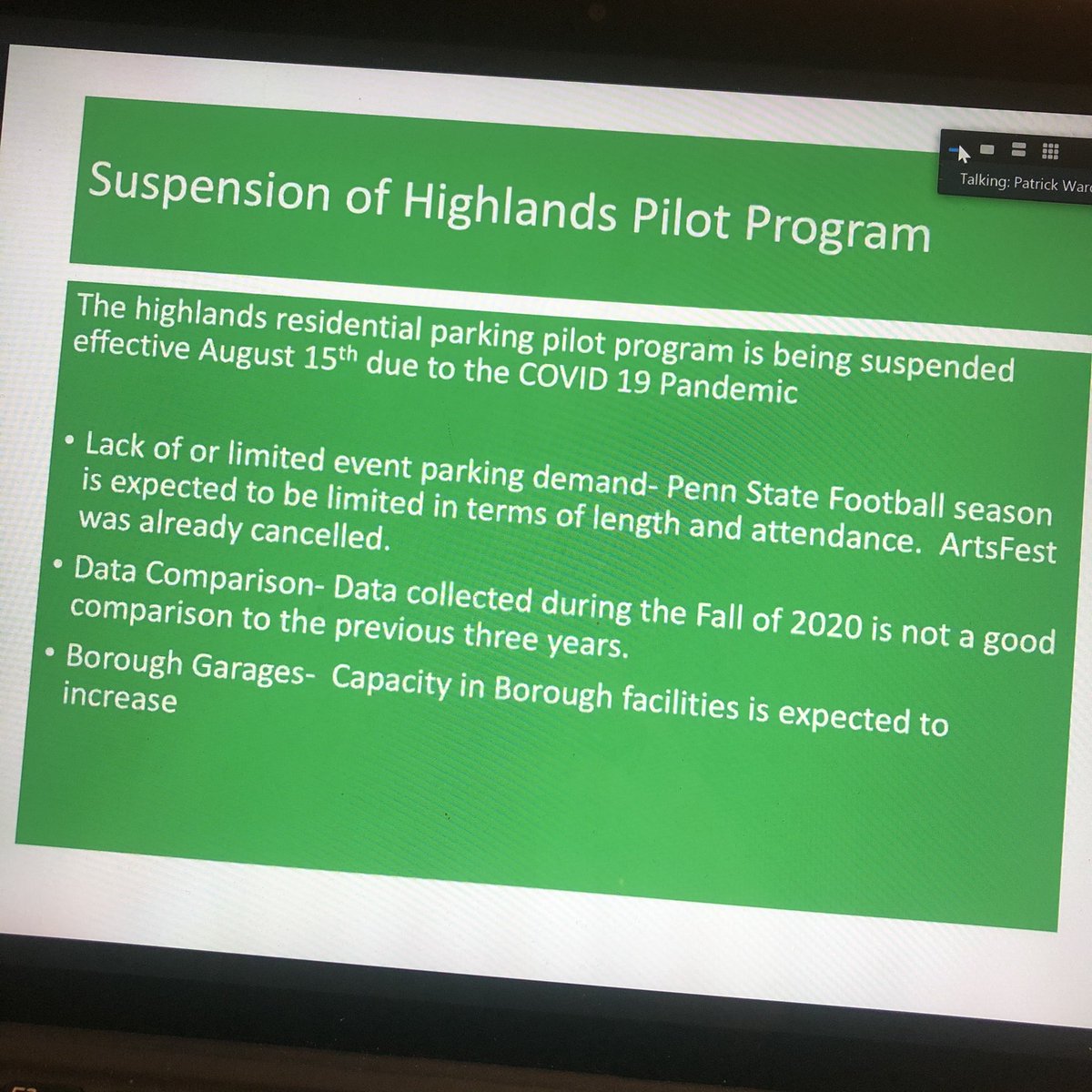 danielwmurphy's tweet image. For a program that came into existence after loads of drama that I now understand are hallmarks of quintessential local politics, the Highlands Parking Pilot exits stage left w/o so much as a curtain call. Announced at approx 2:50 mark of tonight’s @State_CollegePA Council mtg.
