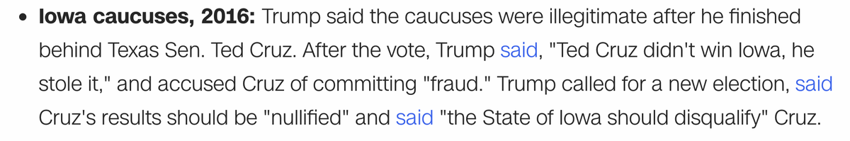 February 2016: Cruz won the Iowa caucuses with ~28%. Trump finished in 2nd place with ~24%. In the coming days, Trump said Cruz "stole" the election and committed "fraud." He literally said "the State of Iowa should disqualify Ted Cruz" and that his votes should be "nullified."