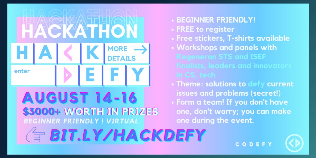 codefycs's tweet photo. Sign up for our free, beginner-friendly hackathon Aug 14-16 at https://t.co/kTccwdeL84

#coding #java #python #webdev #MachineLearning #cpp #100daysofcode #girlsinstem #job #internship #professional #womeninstem #girlswhocode #programming #cs #computer #programming https://t.co/kjsA14YDv6