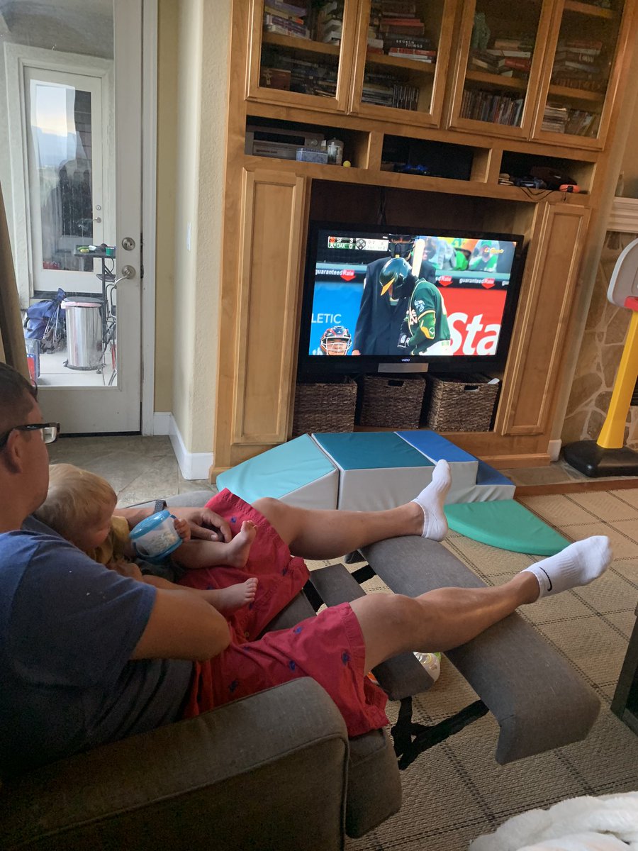 Biglittleblog's tweet photo. Happiness is baseball being back and daddy sharing it with his little man #dominicanthony #daddyanddom #baseballfam #athletics @scaloiaro @Athletics https://t.co/RfSjSi6h5y