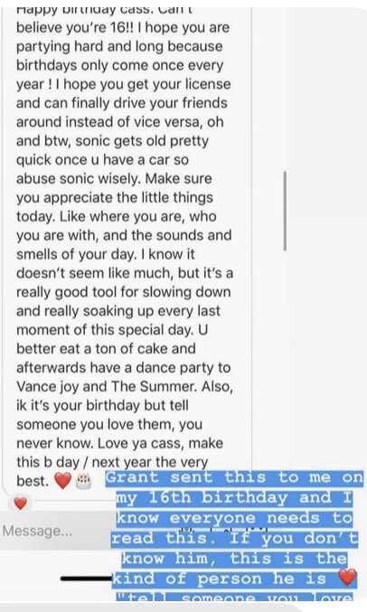 SEMADMavsHome's tweet photo. As coaches and teammates of @GrantSolomon30 we knew what he was all about! Big heart who found joy in others victories and happiness! The below screenshot of a birthday text to his dear friend Cassie Chapman wil give you an inside look at one of the biggest hearts ever! #RIP30 https://t.co/6DgY0VaqlC