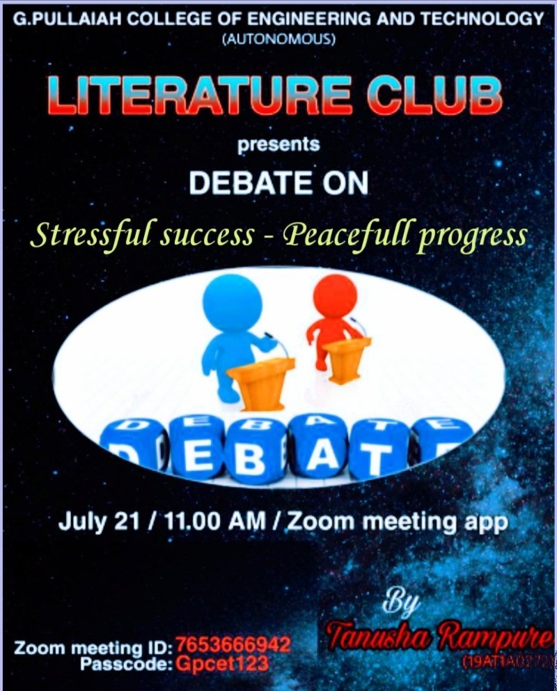 GPCETK's tweet photo. Hey guys!
Today @GPCETK we have a debate on Stressful Success – Peaceful Progress
by @RampureTanusha .
The participants who have registered for the debate get ready by the given time.
Date&amp; Time, Venue, Meeting ID &amp; Password are in the poster .... 
Best Of Luck.👍🏻 https://t.co/u7rOAqcj2u