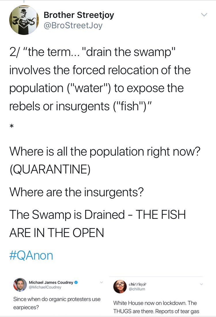 8/... you’ll pardon the crudeness[The Cabal] blew their [load] alreadySo the arrests will startThe FISH were already caught (if you read a finding I’m quite proud of) you’ll seeDRAIN THE SWAMPis a COUNTERINSURGENCY TACTICAs are “On the Ready” & “Catch & Release”