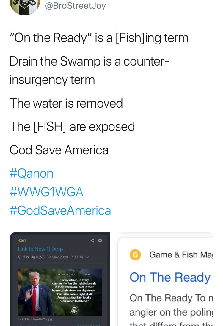 8/... you’ll pardon the crudeness[The Cabal] blew their [load] alreadySo the arrests will startThe FISH were already caught (if you read a finding I’m quite proud of) you’ll seeDRAIN THE SWAMPis a COUNTERINSURGENCY TACTICAs are “On the Ready” & “Catch & Release”