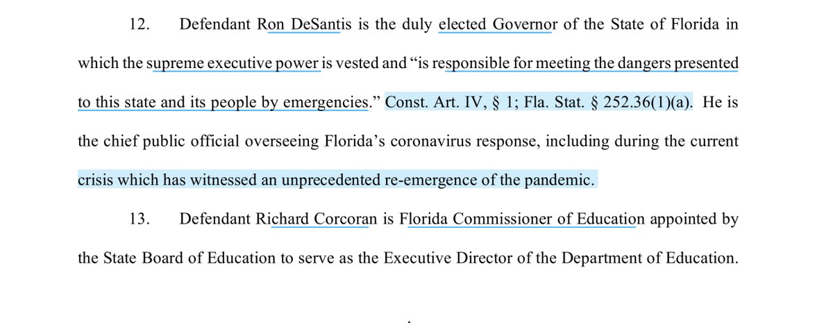 .  @GovRonDeSantis: “..meeting the dangers presented to this state and its people by emergencies.” @richardcorcoran; “decide to reopen schools without adherence to the constitutional mandate of maintaining safe and secure public schools”OH. MY GOD. ALMIGHTYPAGE 7 PARAGRAPH 22