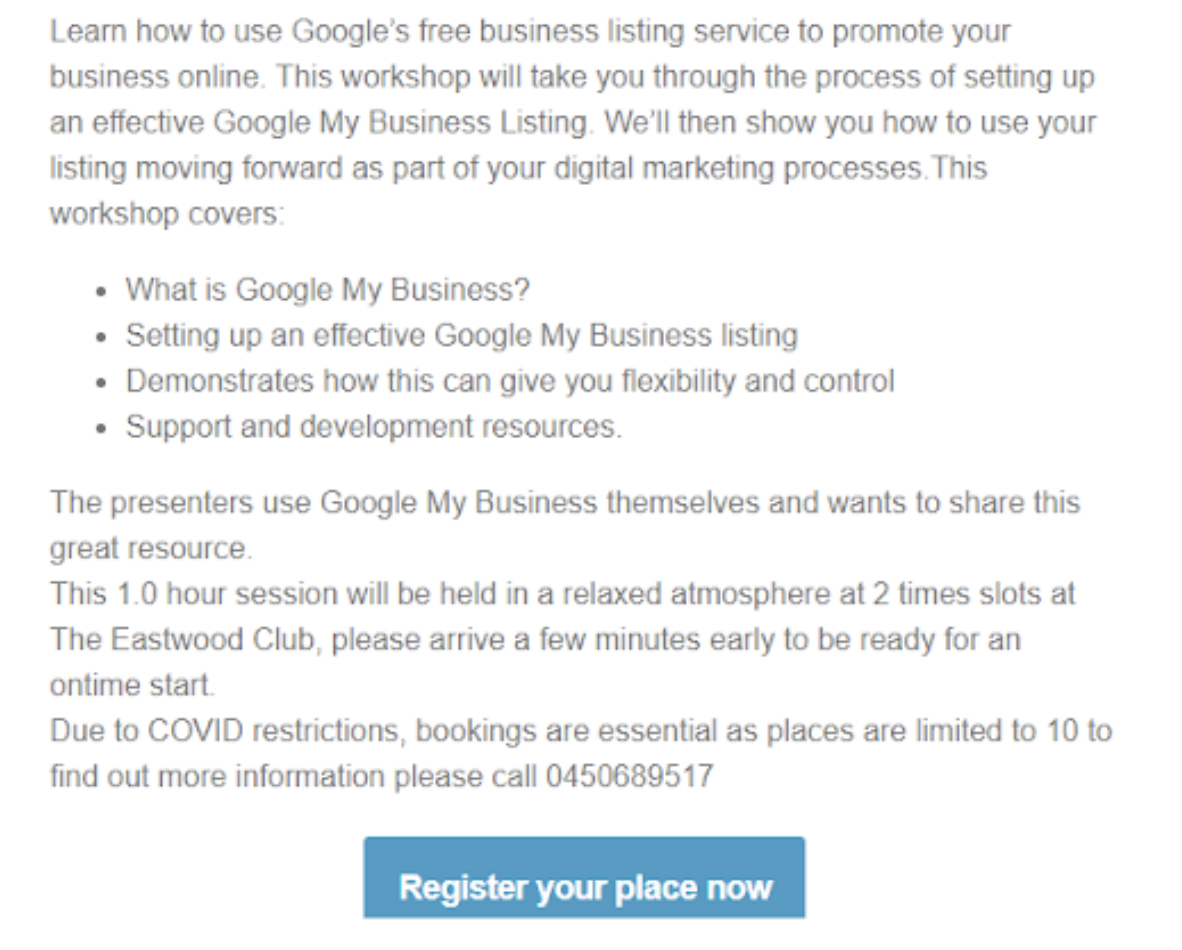 MacqParkRydeBC's tweet photo. https://t.co/dahl3MEXaY Register now for our two Google workshops on 27 July. Learn how to use Google's business tools to grow your online presence. https://t.co/VXRv8V0JZO