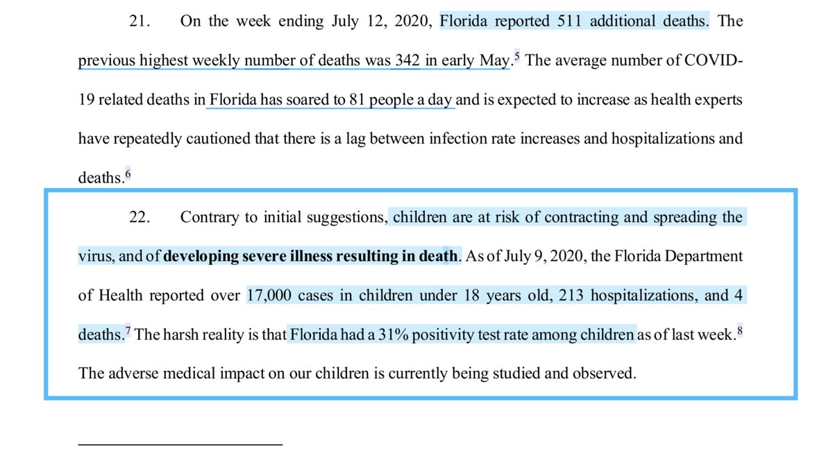 No really page 7 paragraph 22  #DeSatan ‘17,000 cases in children under 18 years old, 213 hospitalizations, and 4 deaths. The harsh reality is that Florida had a 31% positivity test rate among children as of last week..” https://feaweb.org/wp-content/uploads/2020/07/Complaint-FINAL.pdfcc  @DrDenaGrayson read the lawsuit