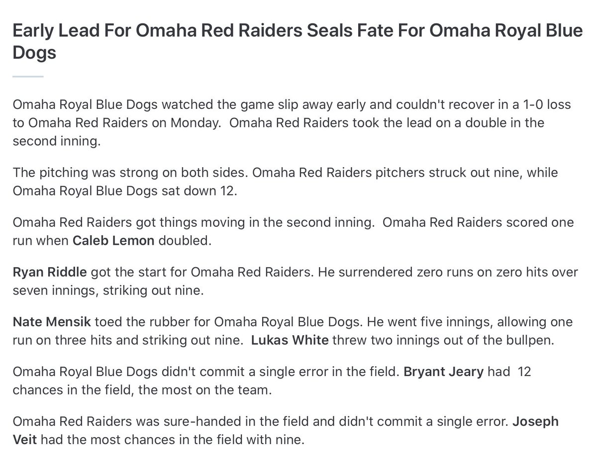 CornBeltLeague's tweet photo. Red Raiders defeat the Royal Blue Dogs 1-0.
-Ryan Riddle (@DutchBaseball) tosses a no hitter going 7IP, 0ER, 0H, 9K, 4BB.
-Caleb Lemon (@cunebaseball) went 1-3 with an RBI double. https://t.co/eHJ6JKZq8D