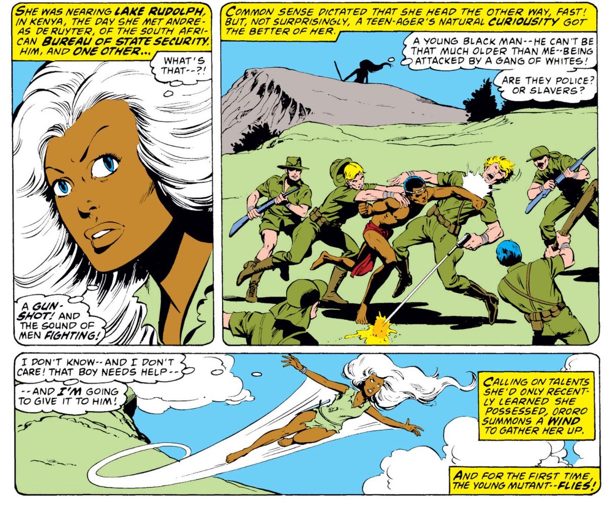 meakoopa's tweet photo. the first time Storm ever used her power to fly was to save a young T’Challa from some racist pieces of shit https://t.co/430NxRk2H9