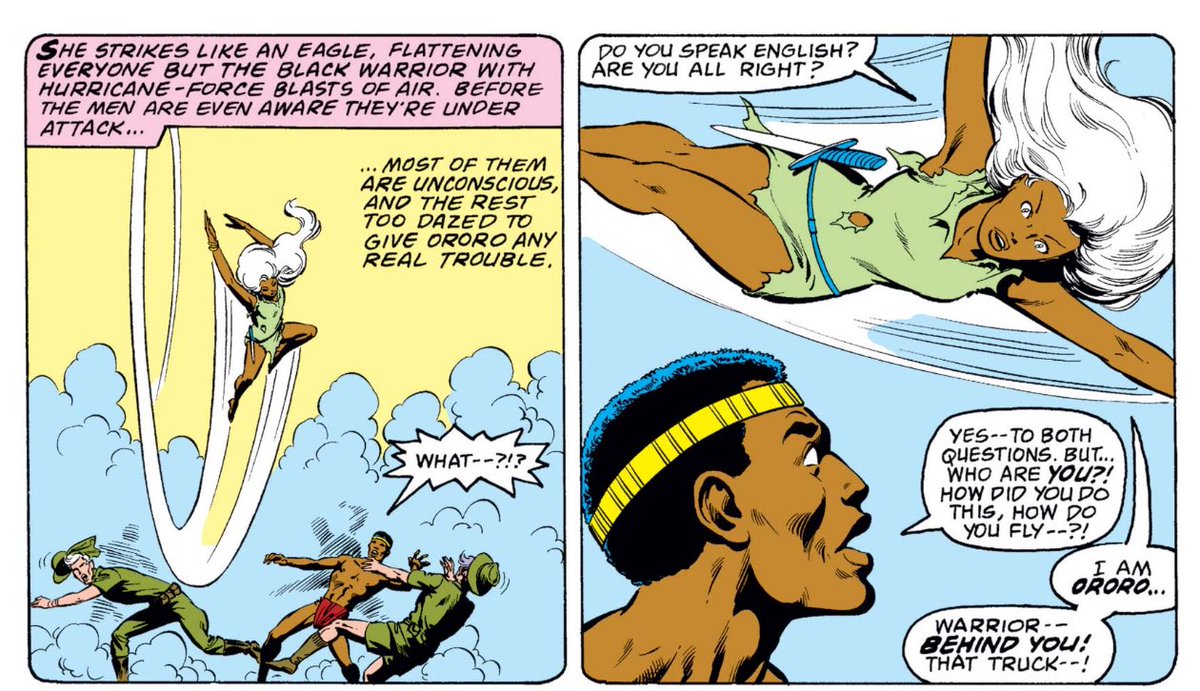 meakoopa's tweet photo. the first time Storm ever used her power to fly was to save a young T’Challa from some racist pieces of shit https://t.co/430NxRk2H9