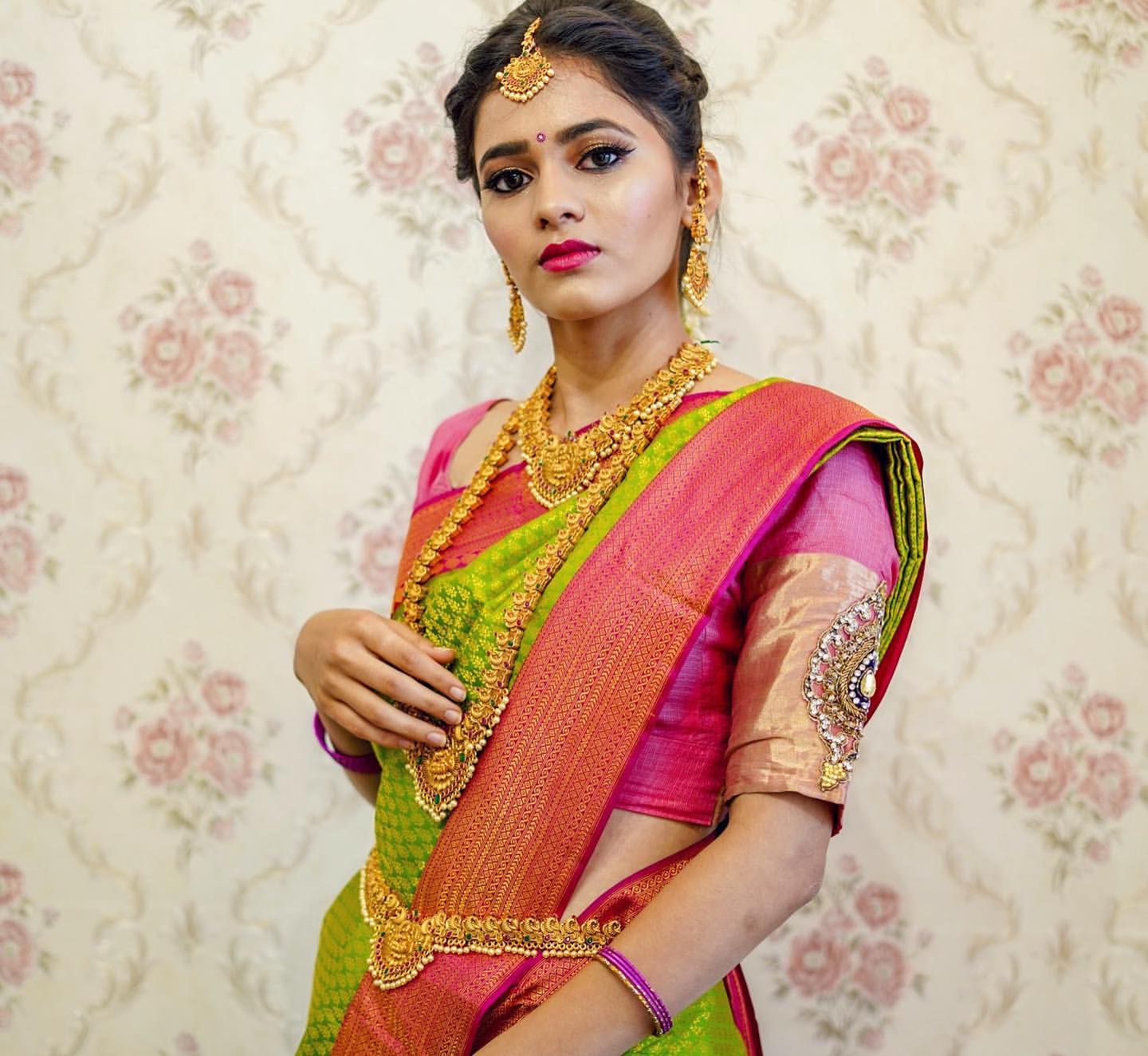 Green and shop pink wedding sarees