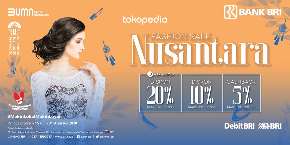 Sobat BRI, nantikan Nusantara Fashion Festival 2020, 1-31 Agustus 2020. 

Nikmati diskon di berbagai merchant online kesayanganmu. Info lebih lanjut dapat dilihat di bit.ly/nuff2020

#promobri #bankbri