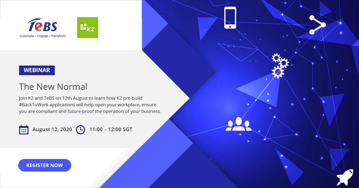 Total_ebiz's tweet photo. Join @K2onK2 and TeBS on 12th August to learn how K2 pre-build #BackToWork applications will help open your workplace, ensure you are compliant and future-proof the operation of your business.
REGISTER HERE: https://t.co/JQSW59T3Ct
#K2Partner #TheNewNormal #Webinar #LowCode https://t.co/bHjMXdDF23