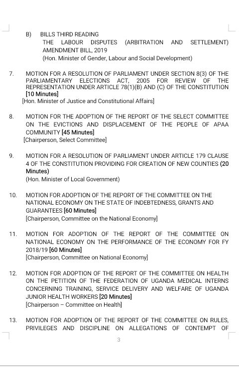 pwatchug's tweet photo. Order Paper 21st July 2020;

The Minister of @MinofHealthUG is this afternoon expected to present statements on;
➡️ The extension of the quarantine period for returnees from other countries over and above the 14 days.
➡️ The evaluation of Gov't's response to #COVID19UG pandemic. https://t.co/p7cOC98ulq