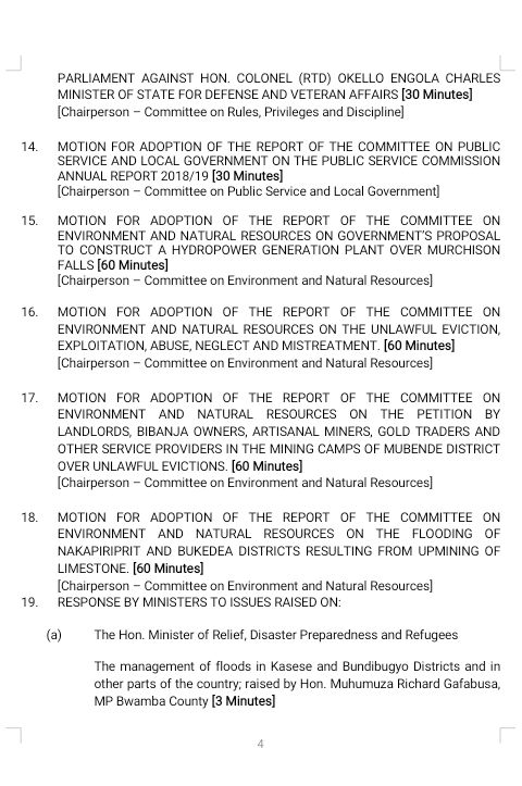 pwatchug's tweet photo. Order Paper 21st July 2020;

The Minister of @MinofHealthUG is this afternoon expected to present statements on;
➡️ The extension of the quarantine period for returnees from other countries over and above the 14 days.
➡️ The evaluation of Gov't's response to #COVID19UG pandemic. https://t.co/p7cOC98ulq